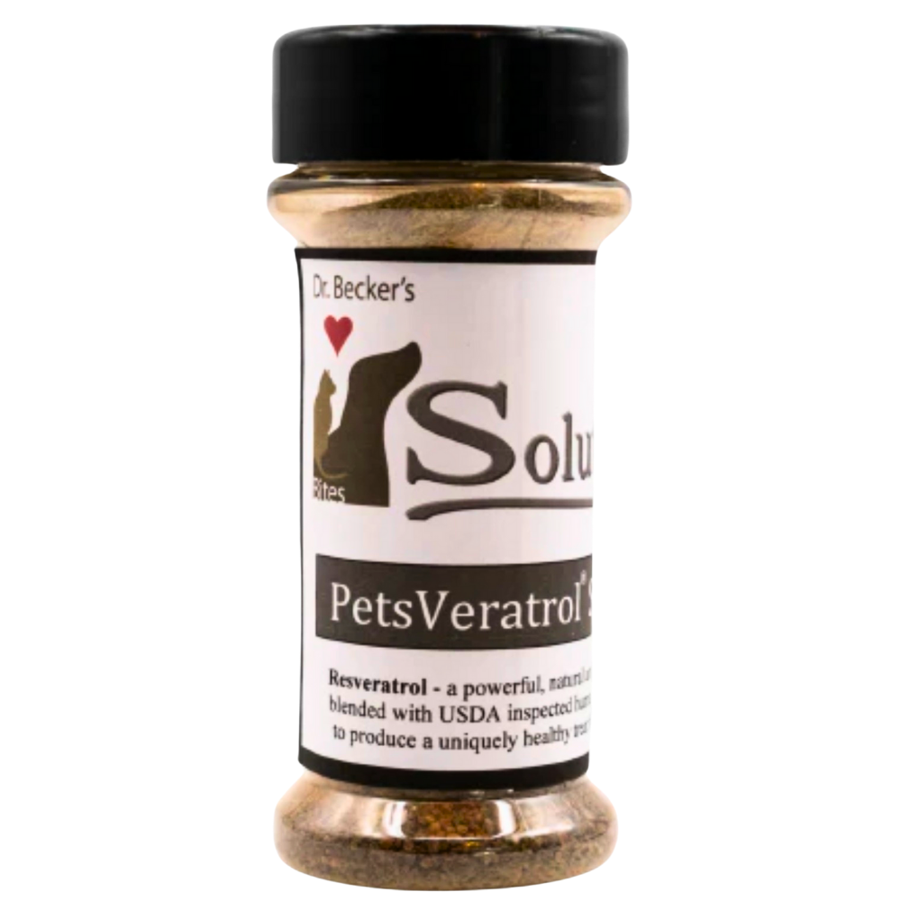 Bottle of Dr. Becker’s PetsVeratrol—natural resveratrol supplement blend for pets, formulated to support longevity and cellular health.