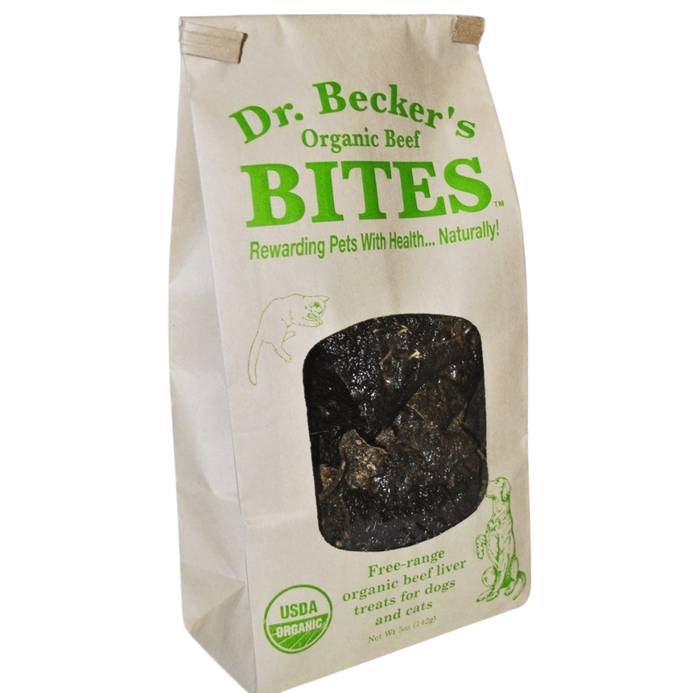 Bag of Dr. Becker’s Organic Beef Bites—USDA organic, free-range beef liver treats for dogs and cats in eco-friendly packaging.