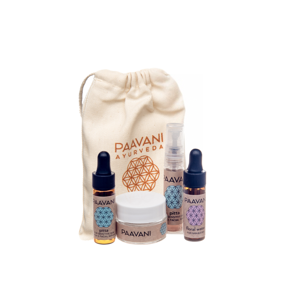 Travel-size Pitta Skincare Ritual by Paavani Ayurveda – Ayurvedic facial kit in cotton pouch with cleanser, serum, toner, and mask for calming sensitive skin