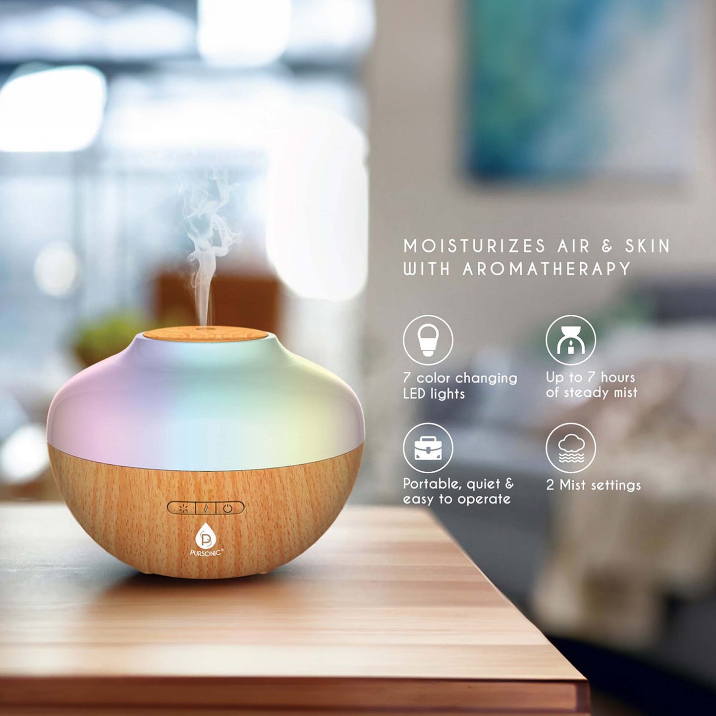 Woodgrain ultrasonic diffuser emitting mist on tabletop with soft rainbow LED glow, showcasing 7 color modes, 8-hour runtime, 2 mist settings, and portable design.