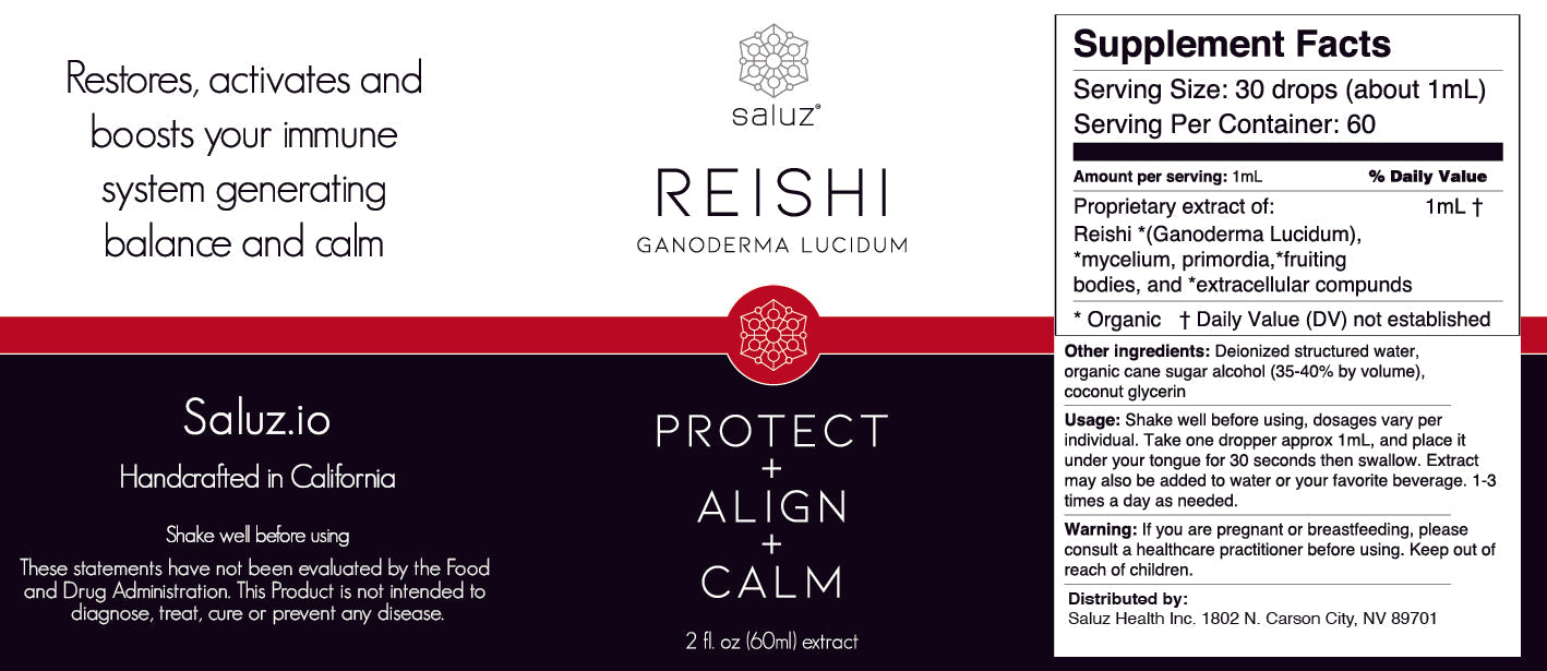 Supplement label for Reishi Mushroom Tincture showing dosage, ingredients, and key benefits—Protect, Align, Calm.