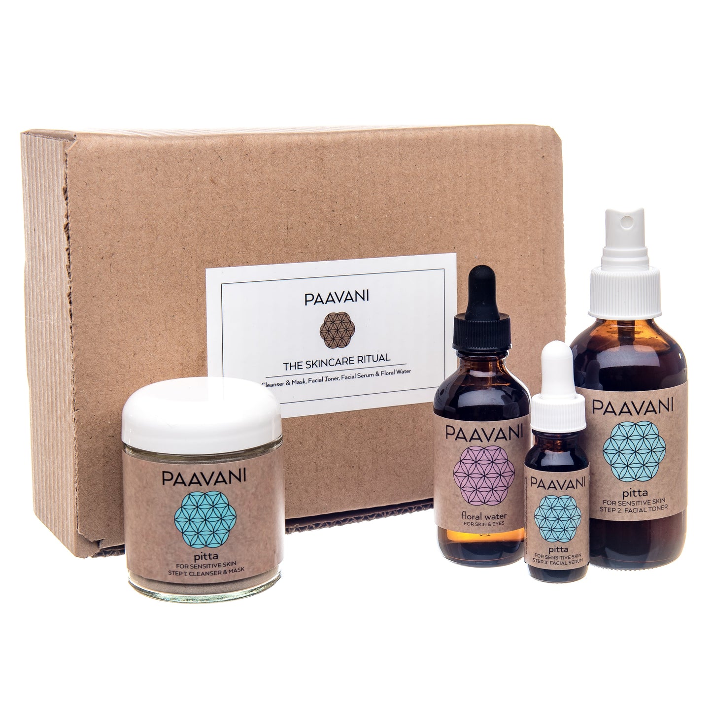 Full-size Pitta Skincare Ritual by Paavani Ayurveda – boxed Ayurvedic facial kit with cleanser, toner, serum, and face oil for calming sensitive, inflamed skin