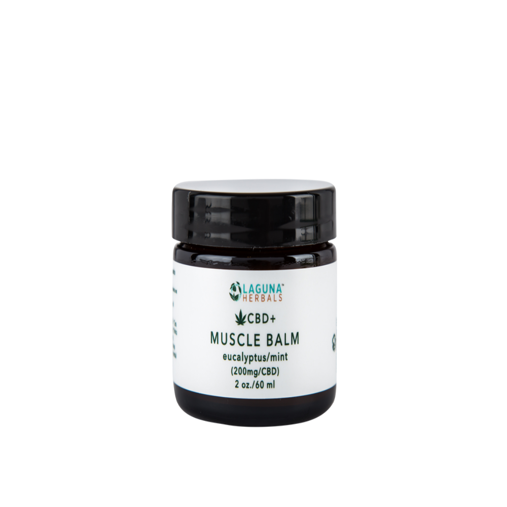 Top view of Laguna Herbals CBD Muscle Balm in a glass jar with black lid on a transparent background