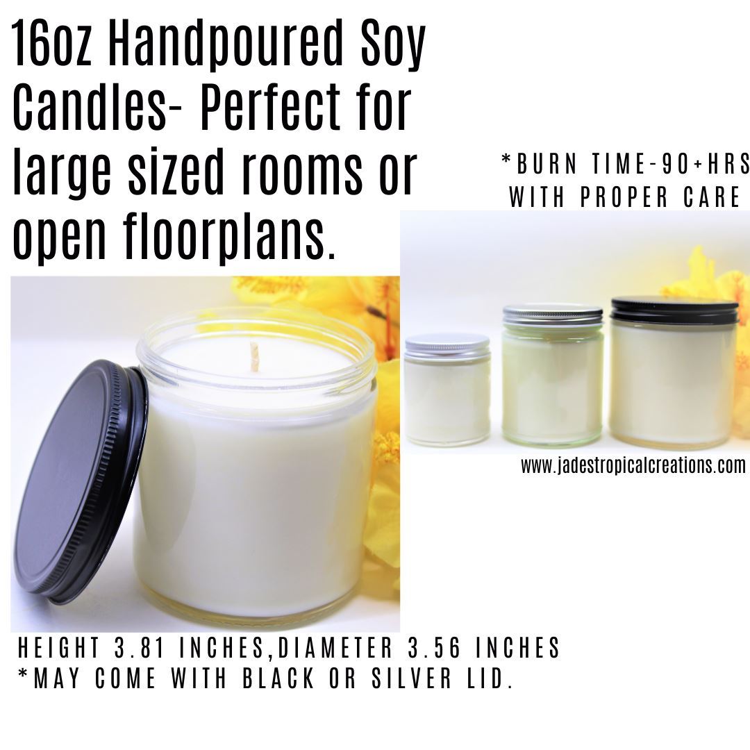 16oz hand-poured soy candle in a clear glass jar with a black lid, displayed alongside other jar sizes with yellow flowers, labeled for large rooms or open floor plans with burn time and dimensions noted.