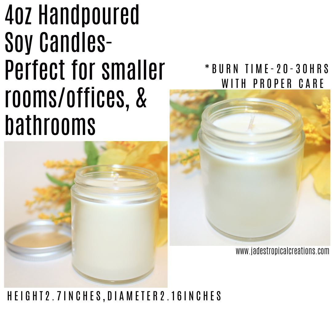 Two hand-poured 4oz soy candles in clear glass jars with metal lids, styled against floral backgrounds, with text overlay describing burn time and dimensions.