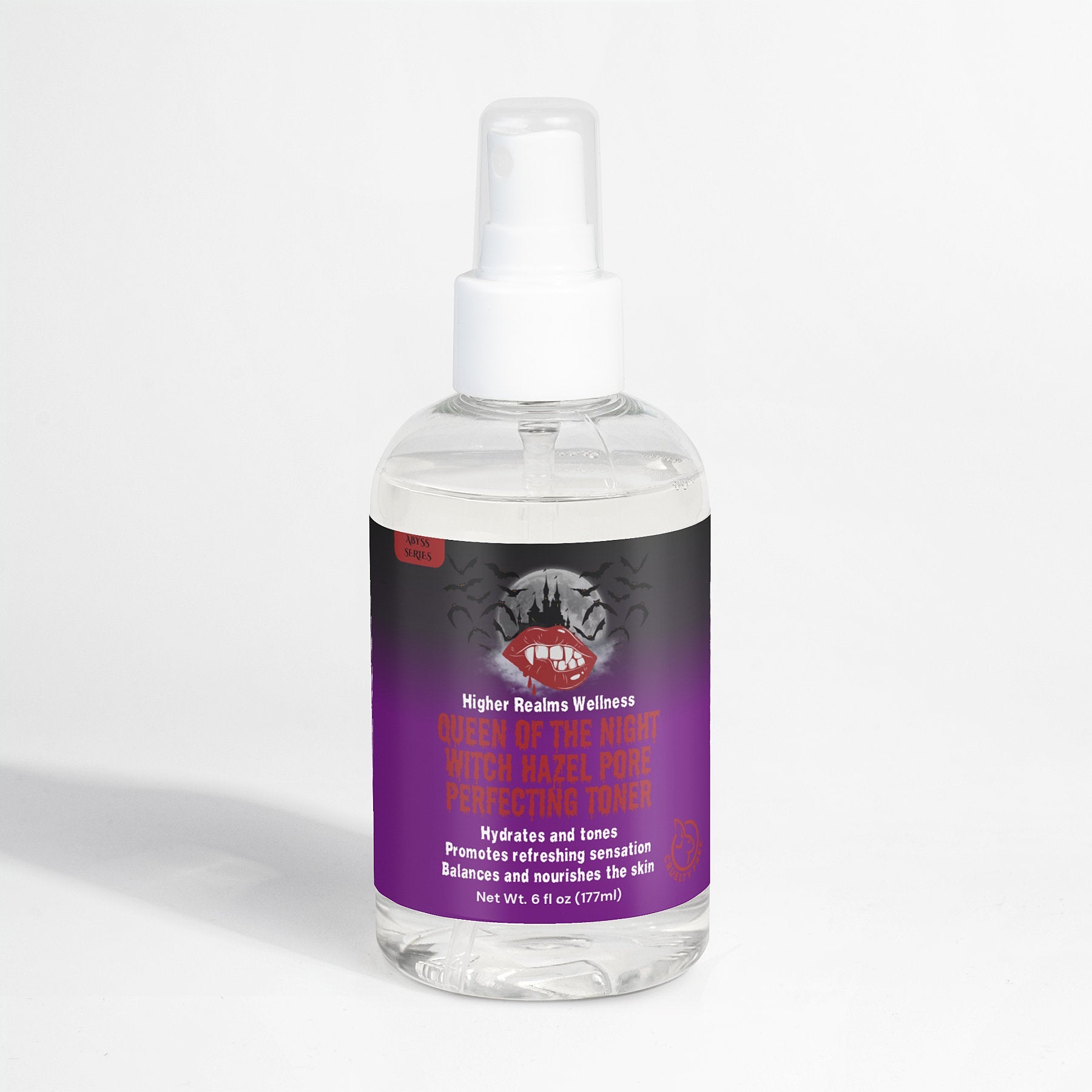 Queen of the Night facial toner spray by Higher Realms Wellness, in a clear bottle with a purple and black label, displayed against a white background