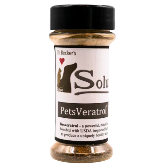 Bottle of Dr. Becker’s PetsVeratrol—natural resveratrol supplement blend for pets, formulated to support longevity and cellular health.