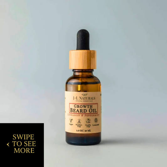 Amber glass dropper bottle of natural beard oil with bamboo lid, labeled “Growth Beard Oil” by J.L. Naturals, displayed against a soft gray background.