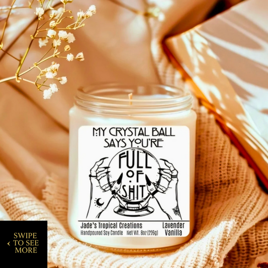 Sassy lavender vanilla candle in a glass jar labeled “My Crystal Ball Says You’re Full of Sh*t,” surrounded by cozy neutral-toned decor, dried flowers, and an open book.