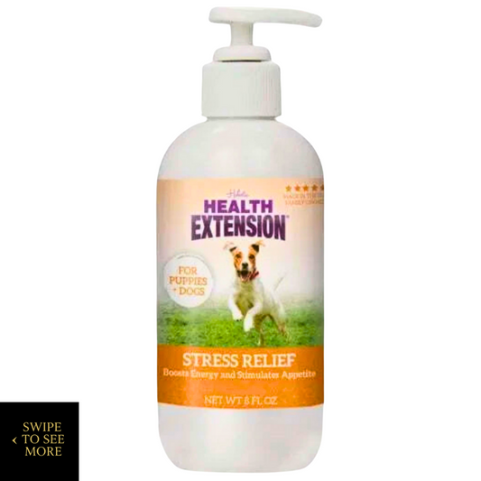 Front view of Health Extension Stress Relief liquid supplement for puppies and dogs—promotes calm, appetite, and energy with a pump-top bottle.