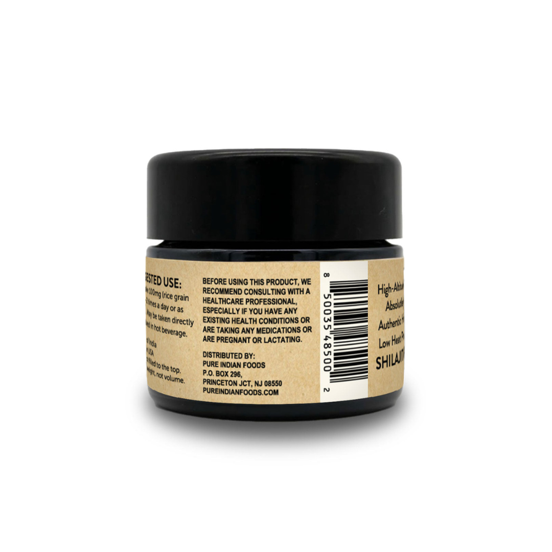 Back Label View of Best Shilajit Ever™ 30g Jar – Includes Manufacturer Info, QR Code, and Usage Caution