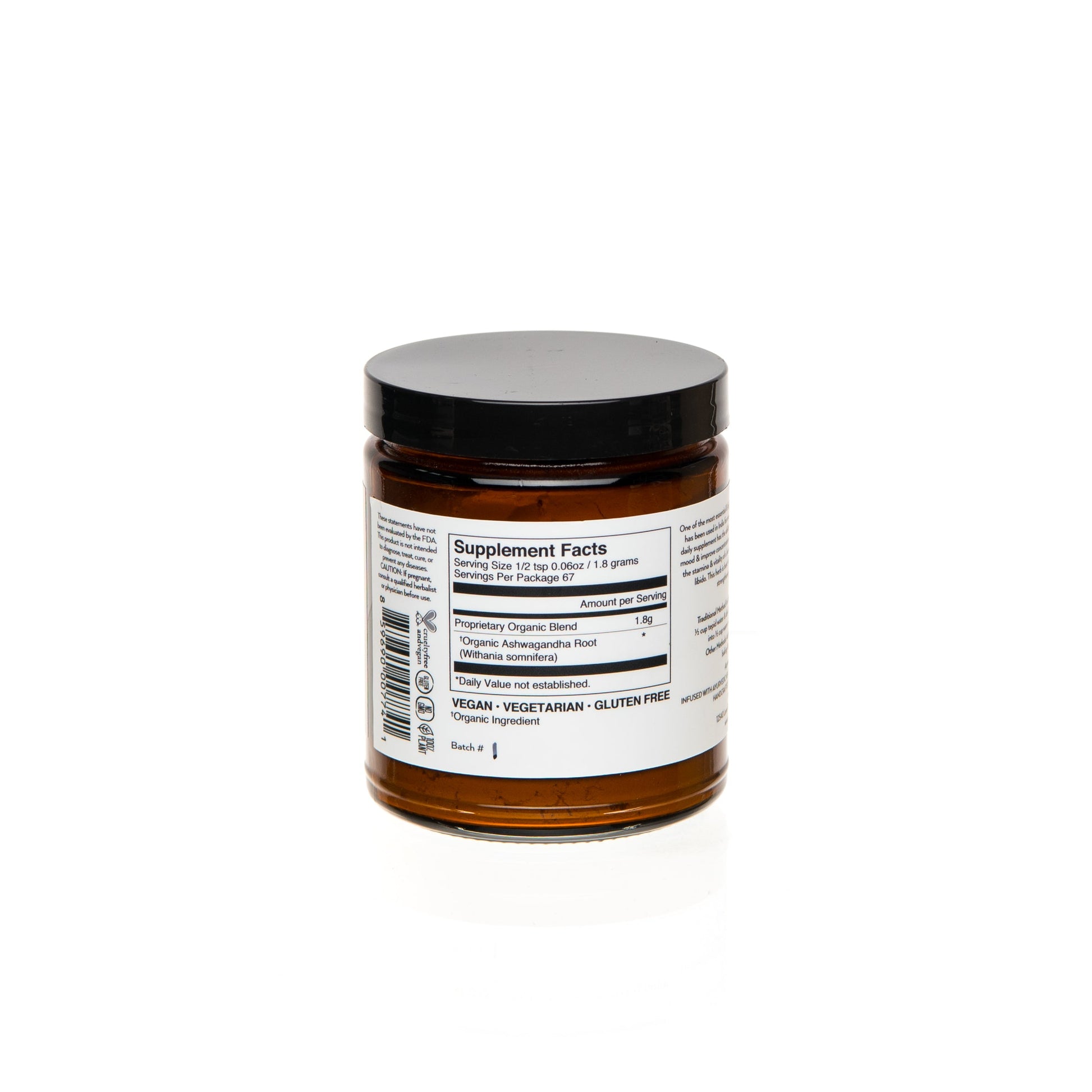 Back label of PAAVANI Ayurveda Ashwagandha Root Powder jar showing supplement facts and nutritional information.