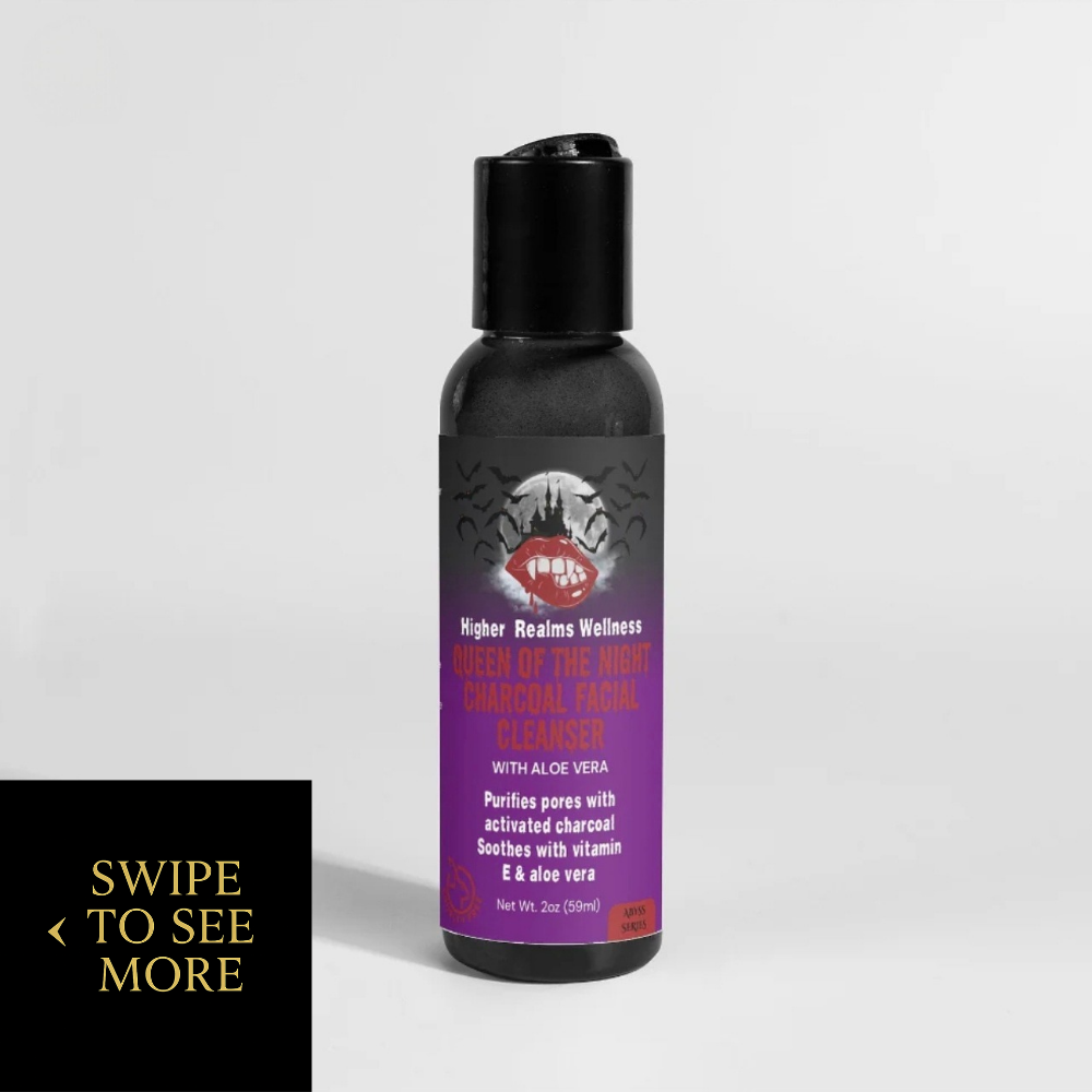 Front view of Queen of the Night Skincare Bundle bottle with black cap and purple label by Higher Realms Wellness on a light gray background