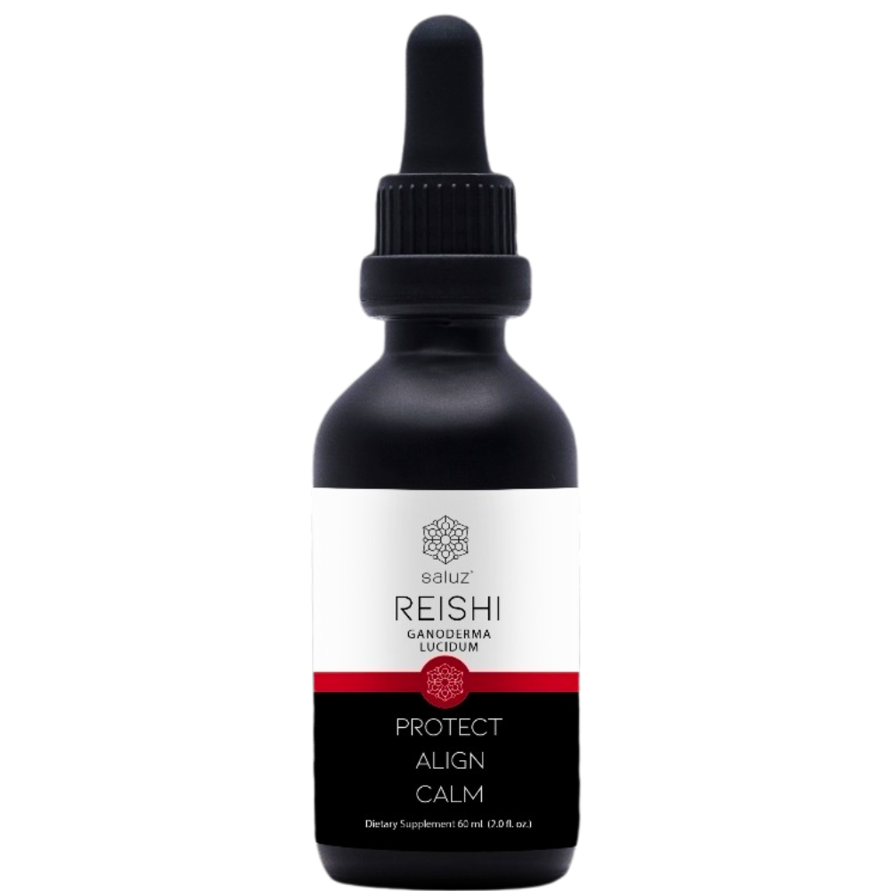 Black glass dropper bottle labeled “Reishi Mushroom Tincture – Protect, Align, Calm” by Saluz, with minimalist white and red branding.