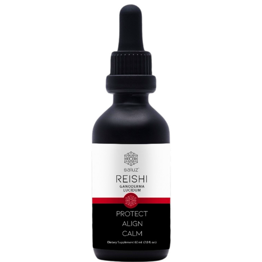 Black glass dropper bottle labeled “Reishi Mushroom Tincture – Protect, Align, Calm” by Saluz, with minimalist white and red branding.