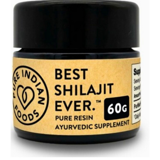 Glass jar labeled “Best Shilajit Ever – 60g Pure Resin Ayurvedic Supplement” by Pure Indian Foods, featuring a black lid and tan label.