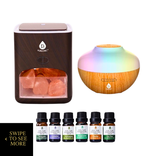 Pursonic Himalayan salt lamp and woodgrain aromatherapy diffuser set with six essential oils for relaxation and wellness.