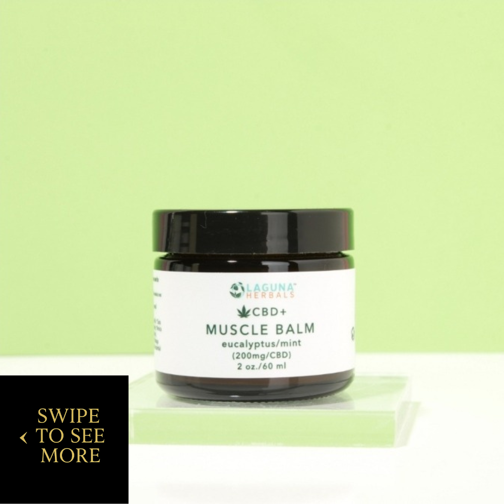Black-lidded jar of Laguna Herbals CBD Muscle Balm displayed against a light green background