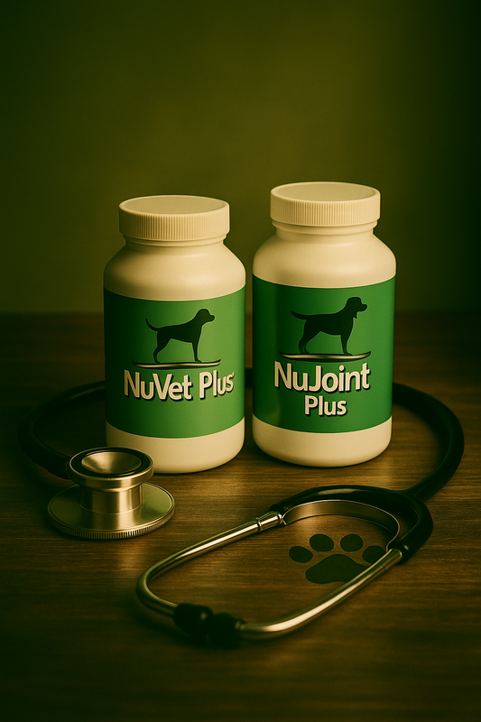 NuVet Plus and NuJoint Plus supplements for dogs with stethoscope and paw print on wooden surface – holistic pet wellness