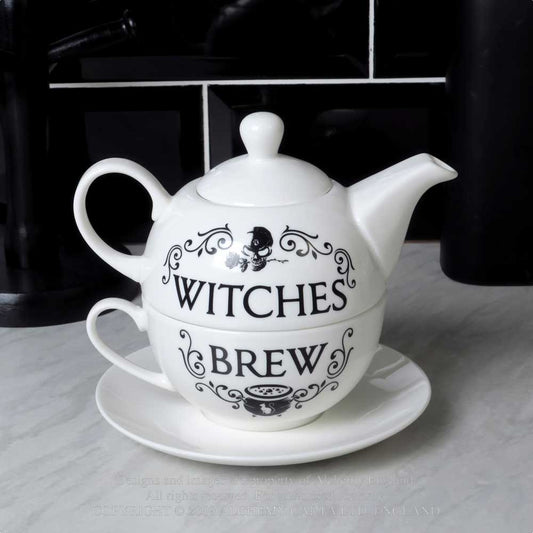 Witches Brew Tea Set by Alchemy – White Bone China Teapot, Cup & Saucer with Gothic Design